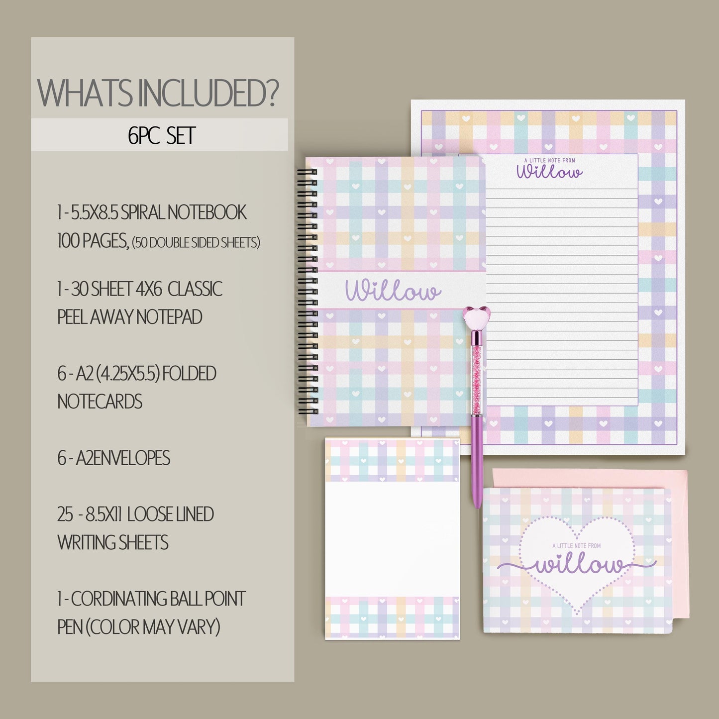 Personalized Stationery Set - Kids Letter Writing Kit with Heart Notebook & Envelopes