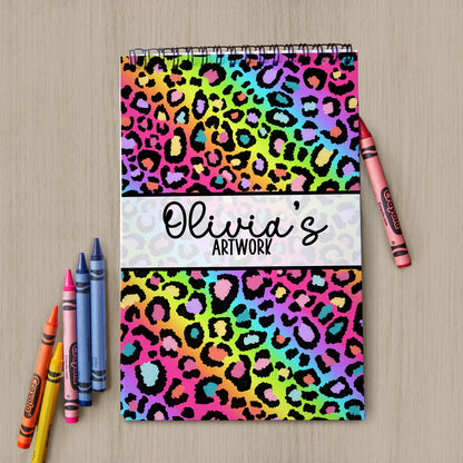 Girls Personalized Sketchbook - Rainbow Leopard Sketchbook with Heavyweight Drawing Paper