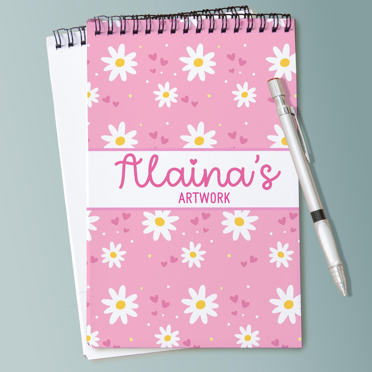 Girls Personalized Sketchbook - Custom Name Pink Daisy Drawing Pad with Heavyweight Paper