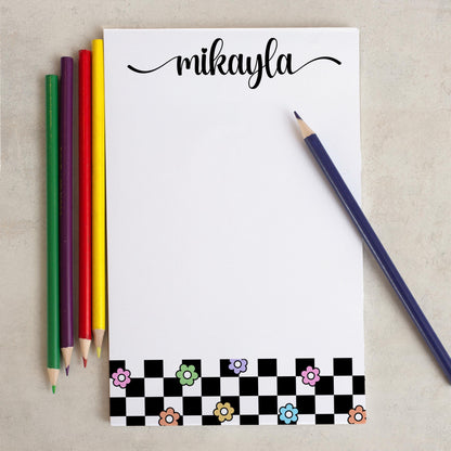 Personalized Girls Notepad - Custom Flower Checkers Notepad with Peel Away Pages