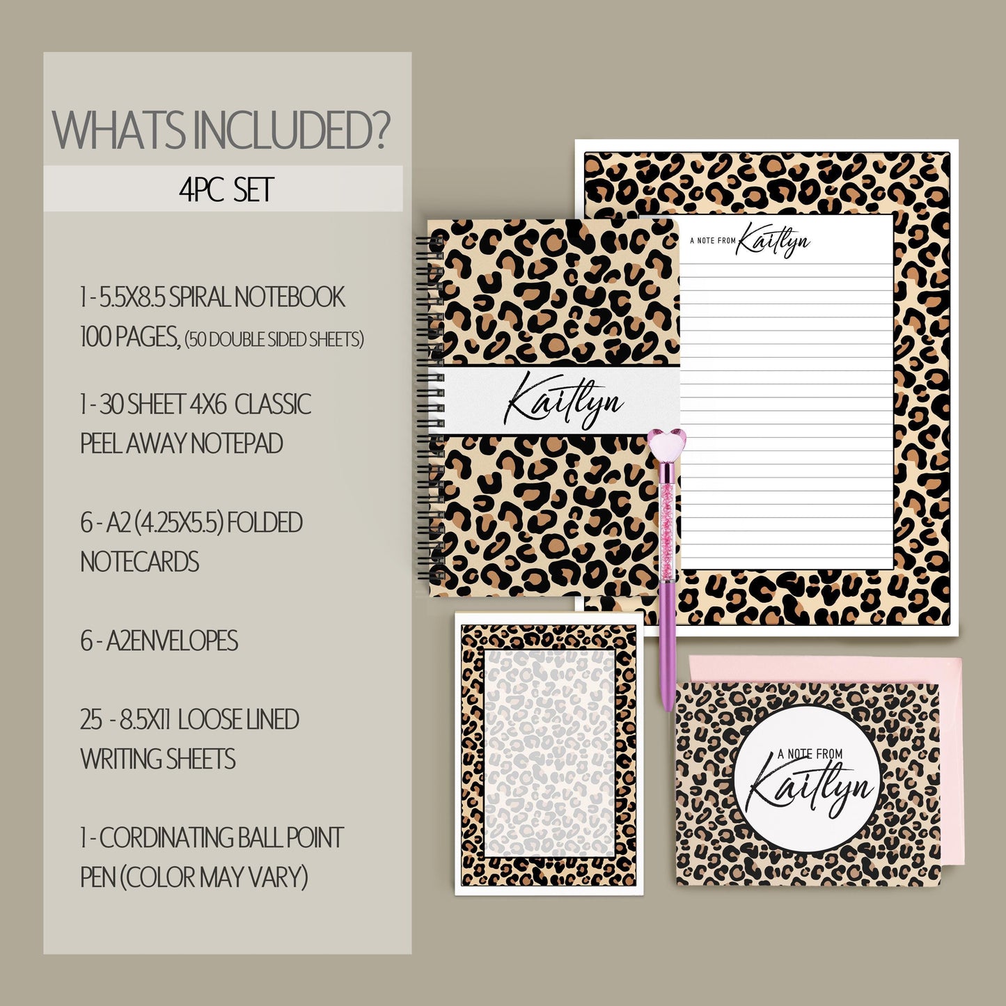 Personalized Stationery Set - Leopard Print Writing Paper & Notecards Gift