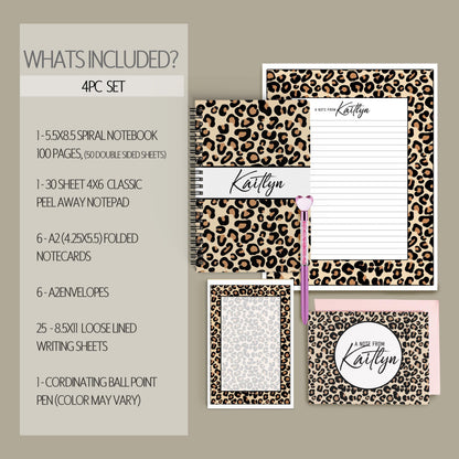 Personalized Stationery Set - Leopard Print Writing Paper & Notecards Gift