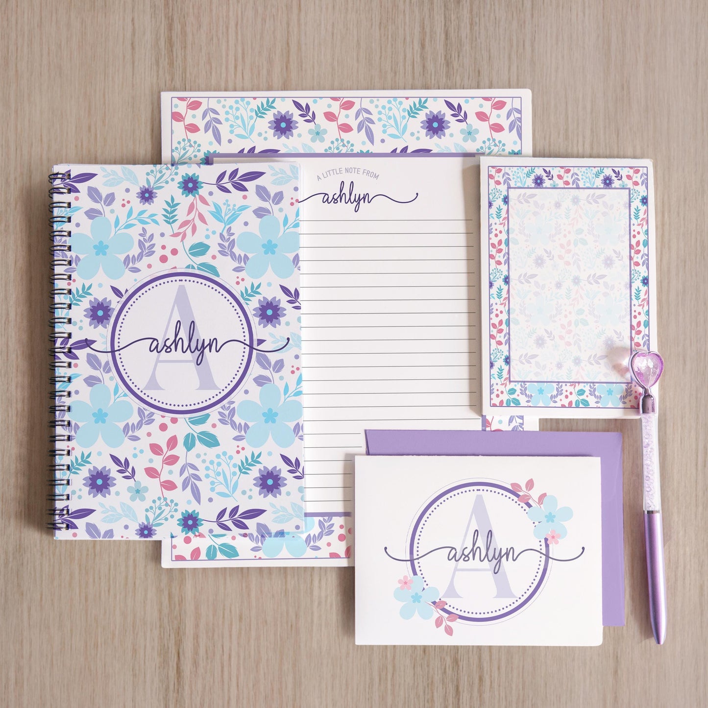 Personalized Stationery Set - Kids Letter Writing Kit with Floral Notebook & Pen