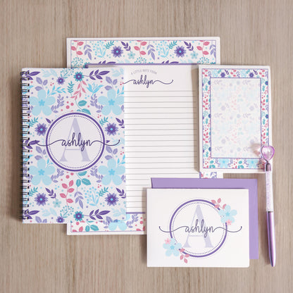 Personalized Stationery Set - Kids Letter Writing Kit with Floral Notebook & Pen