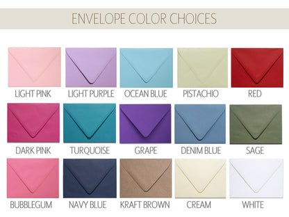 a collection of envelope colors, including light pink, light purple, ocean blue, pistachio, red, dark pink, turquoise, grape, denim blue, sage, bubblegum, navy blue, kraft brown, and cream.