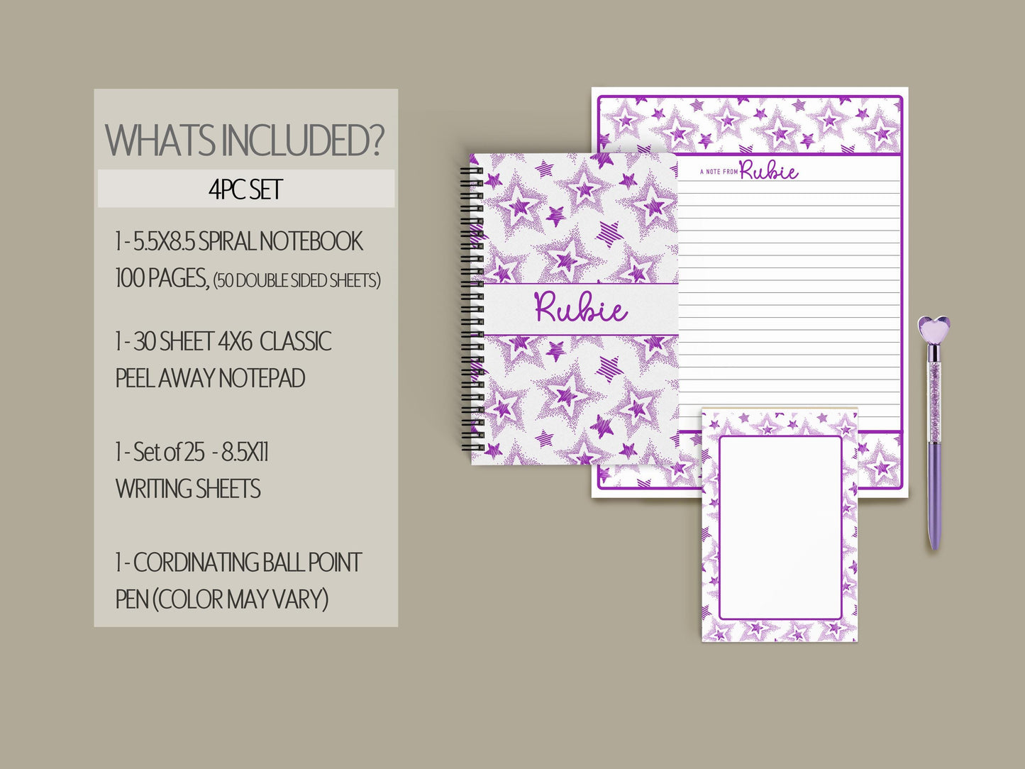 Personalized Stationery Set - Star Letter Paper & Notebook and Pen Gift Kit