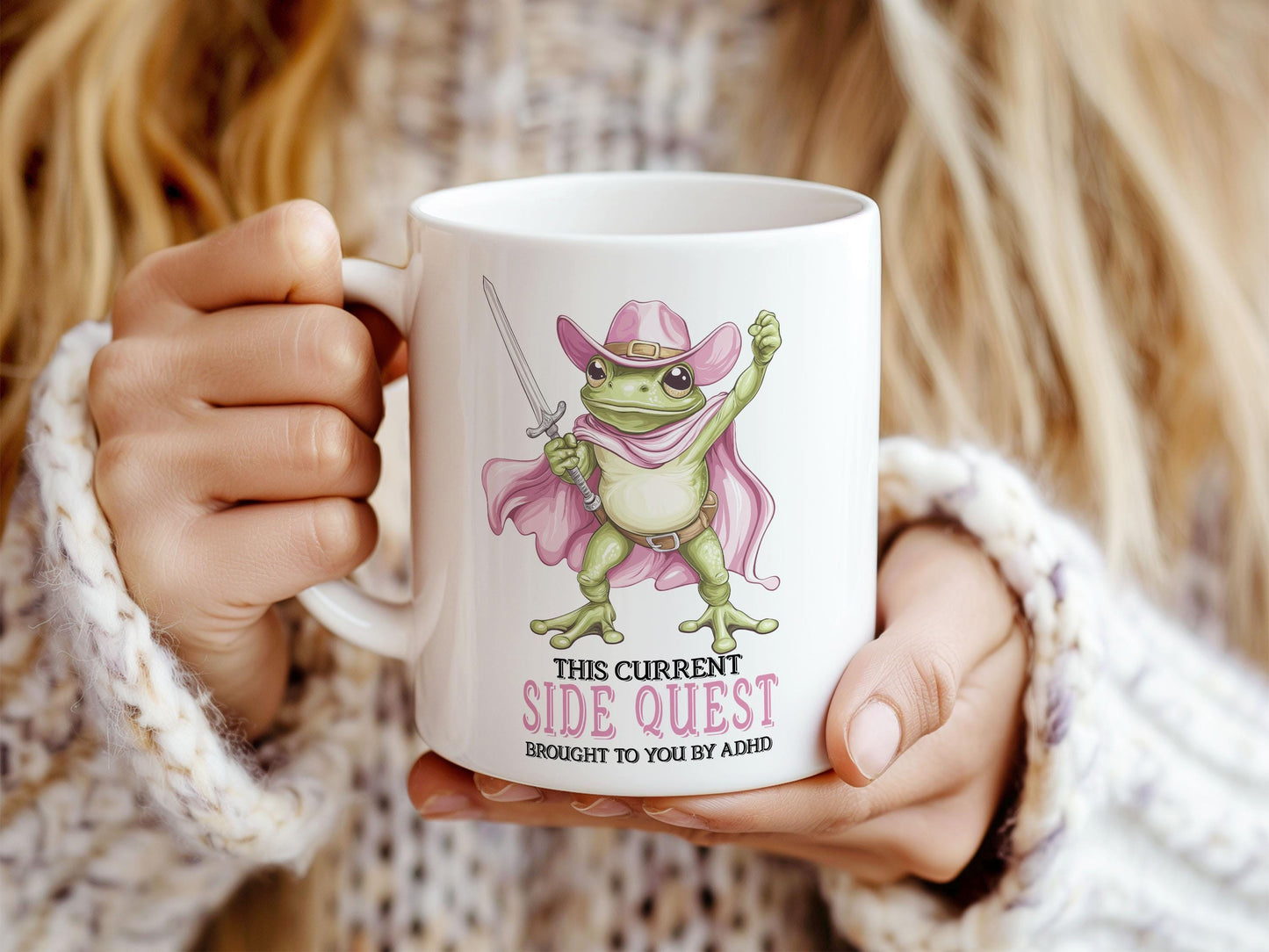 Funny Womens Coffee Mug - Cute Pink Cowboy Frog Side Quest Ceramic Cup