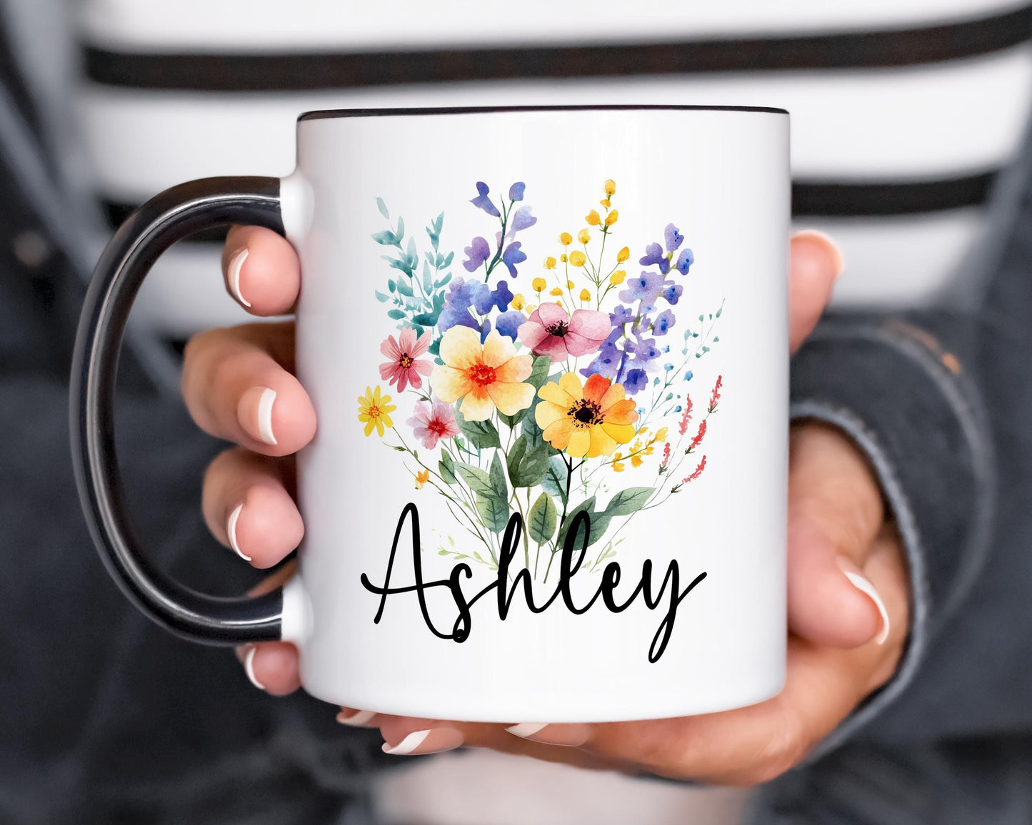 Personalized Flower Mug - Custom Rainbow Wildflower Ceramic Coffee Cup, Gift for Best Friend