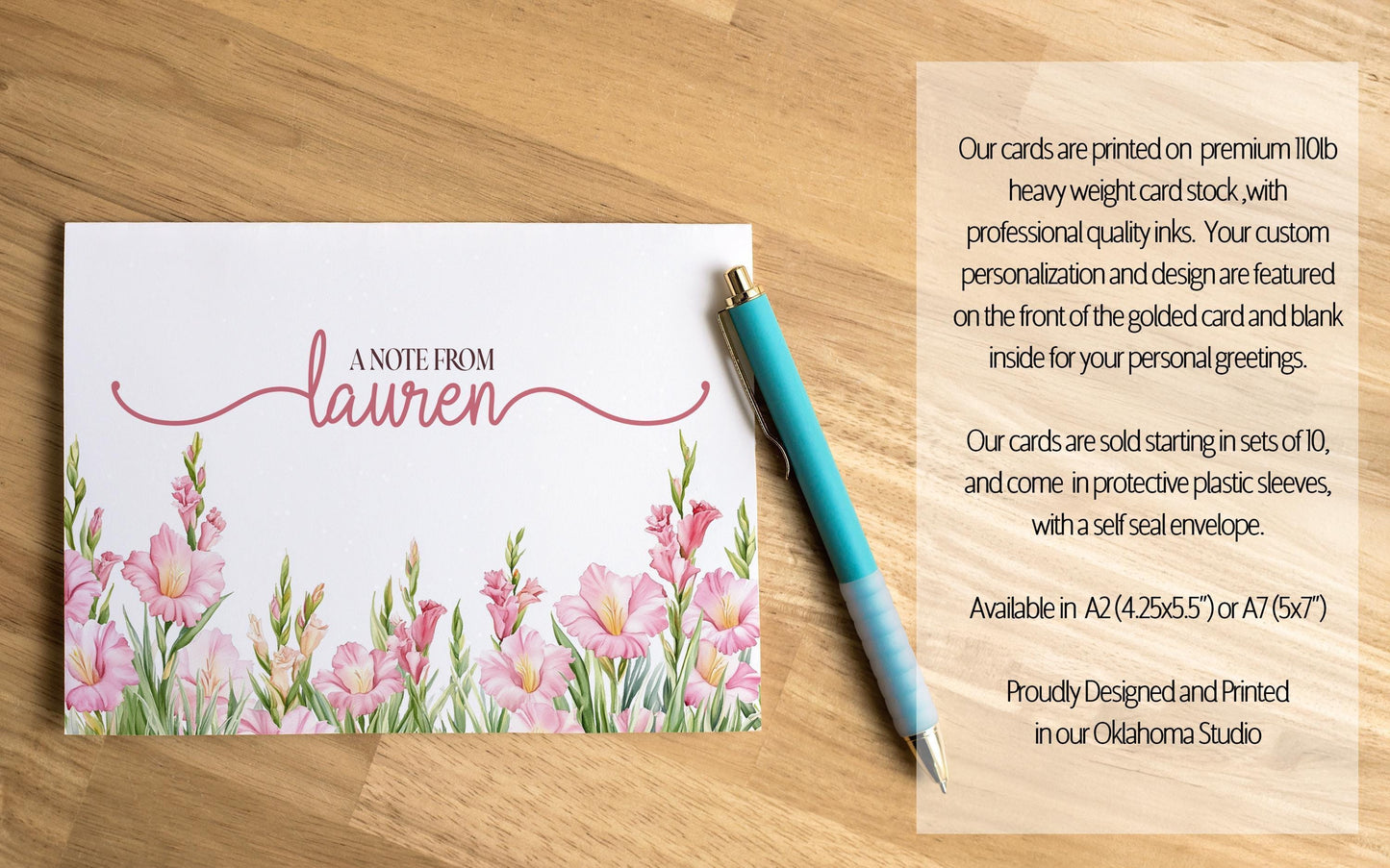 Personalized Note Cards - Custom Name Notecards with Pink Floral Stationery Set