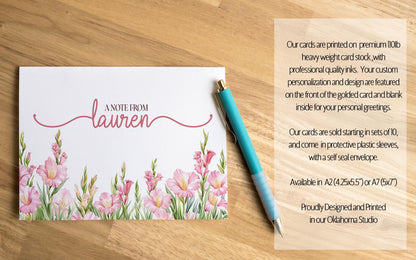 Personalized Note Cards - Custom Name Notecards with Pink Floral Stationery Set