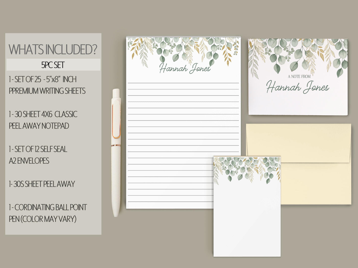 Personalized Stationery Set - Boho Floral Writing Paper, Sage Green Envelopes & Pen Included