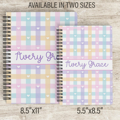 Custom Girls Notebook - Personalized Journal With Pastel Gingham Design | Spiral Bound