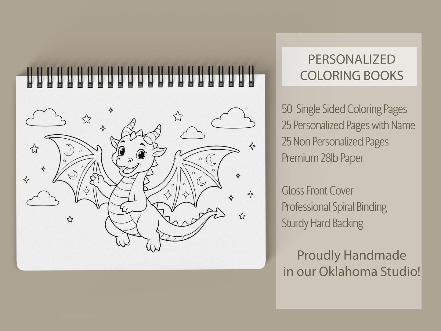 Personalized Dragon Coloring Book, 50 Pages, Spiral 11x8.5, Kids!