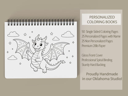 Personalized Dragon Coloring Book, 50 Pages, Spiral 11x8.5, Kids!