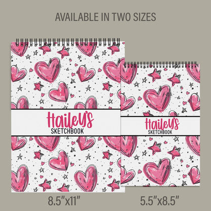Personalized Kids Sketchbook - Custom Drawing Pad With Pink Heart Doodle, Spiral Bound Art Book