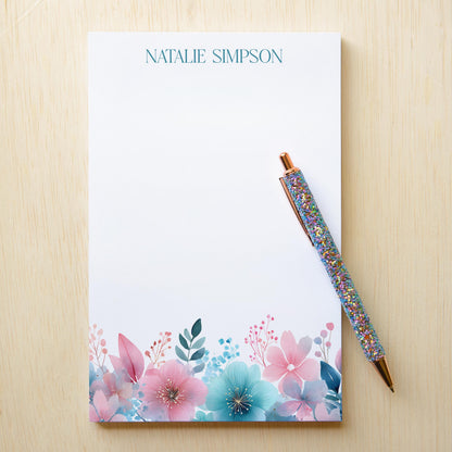 Personalized Flower Notepad – Custom Name Notepads with Pink Blue Flowers, Floral Note Pad