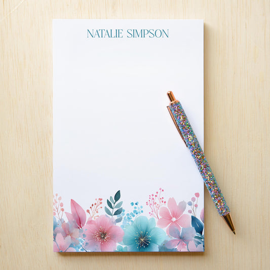 Personalized Flower Notepad – Custom Name Notepads with Pink Blue Flowers, Floral Note Pad