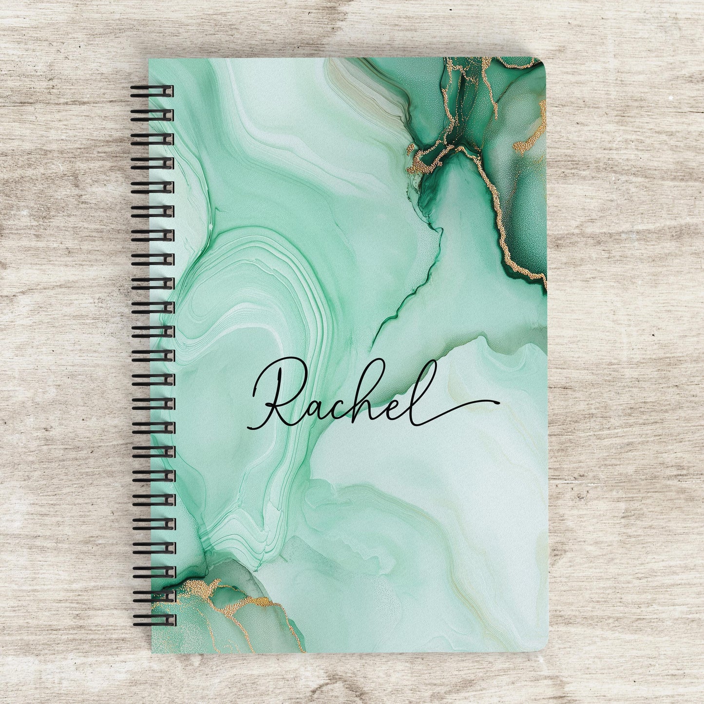 Personalized Spiral Notebook – Custom Name Journal | Mint Green Marble Sketchbook, 100 Pages