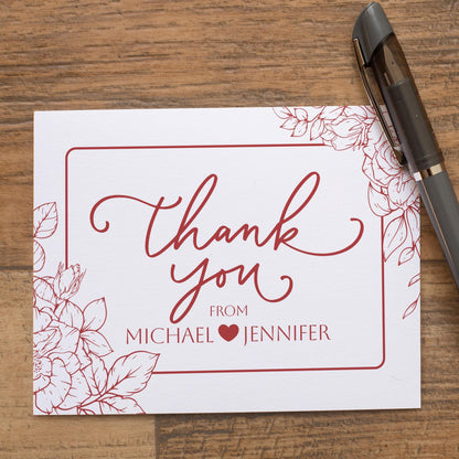 Personalized Wedding Thank You Cards – Floral Folded Cards with Matching Envelopes