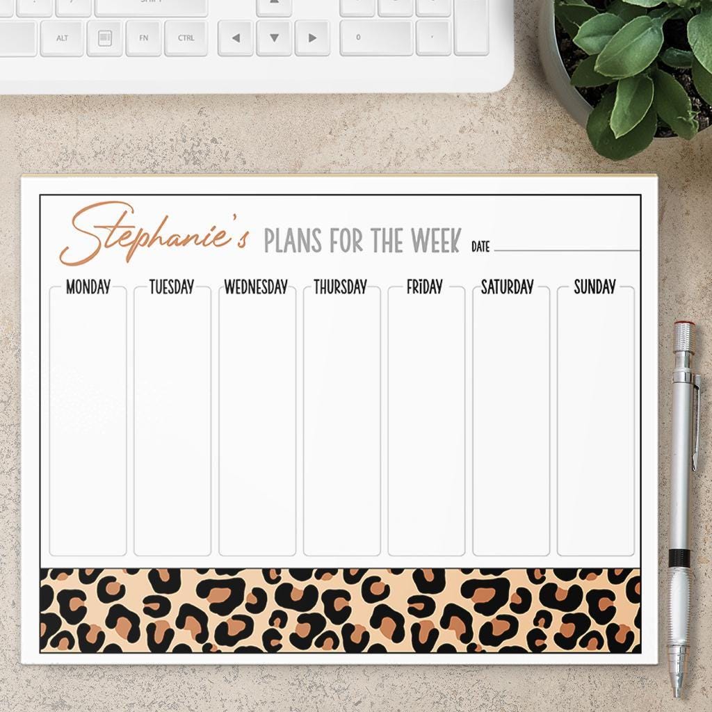 Weekly Planner Notepad - Personalized Leopard Print Planner with Custom Name, Teacher Gift Idea