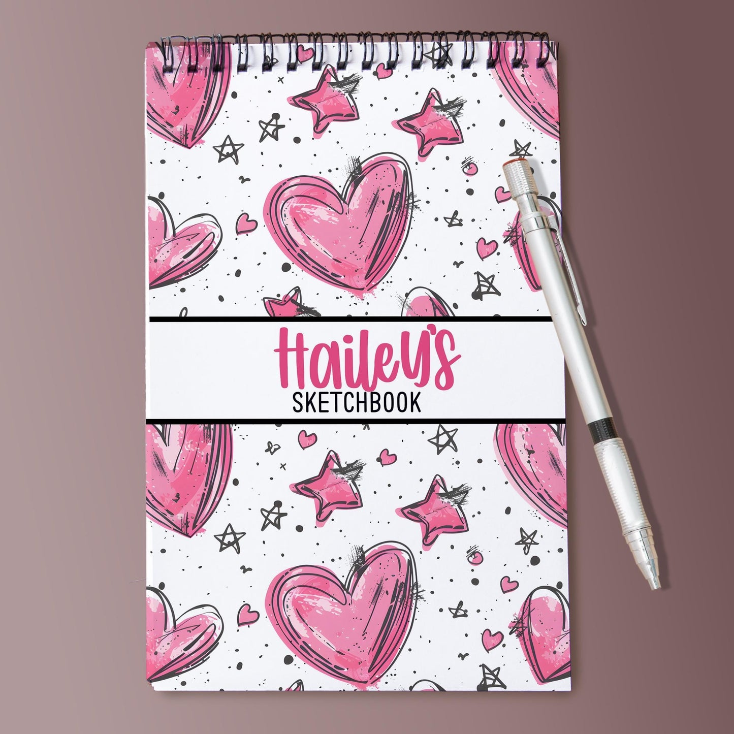 Personalized Kids Sketchbook - Custom Drawing Pad With Pink Heart Doodle, Spiral Bound Art Book