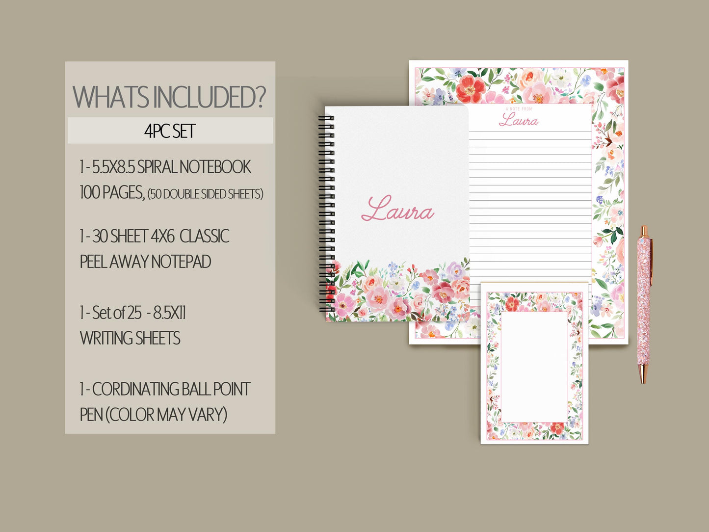 Personalized Stationery Set - Custom Letter Writing Sets with Floral Notepads & Pink Flower Notebook