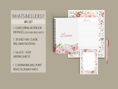 Personalized Stationery Set - Custom Letter Writing Sets with Floral Notepads & Pink Flower Notebook