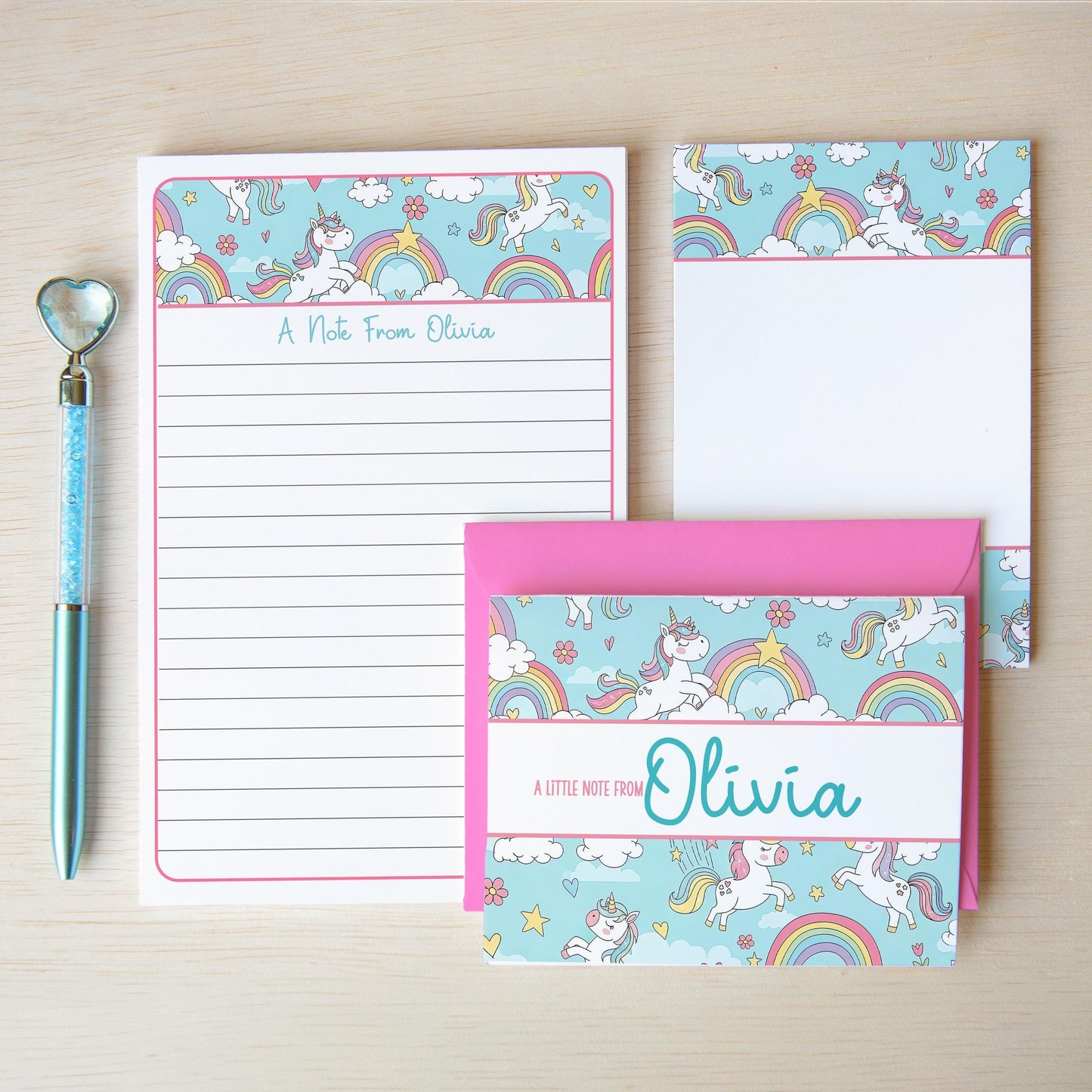 Personalized Stationery Set - Girls Unicorn Letter Writing Kit with Premium Notecards & Self-Seal Envelopes