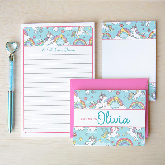 Personalized Stationery Set - Girls Unicorn Letter Writing Kit with Premium Notecards & Self-Seal Envelopes
