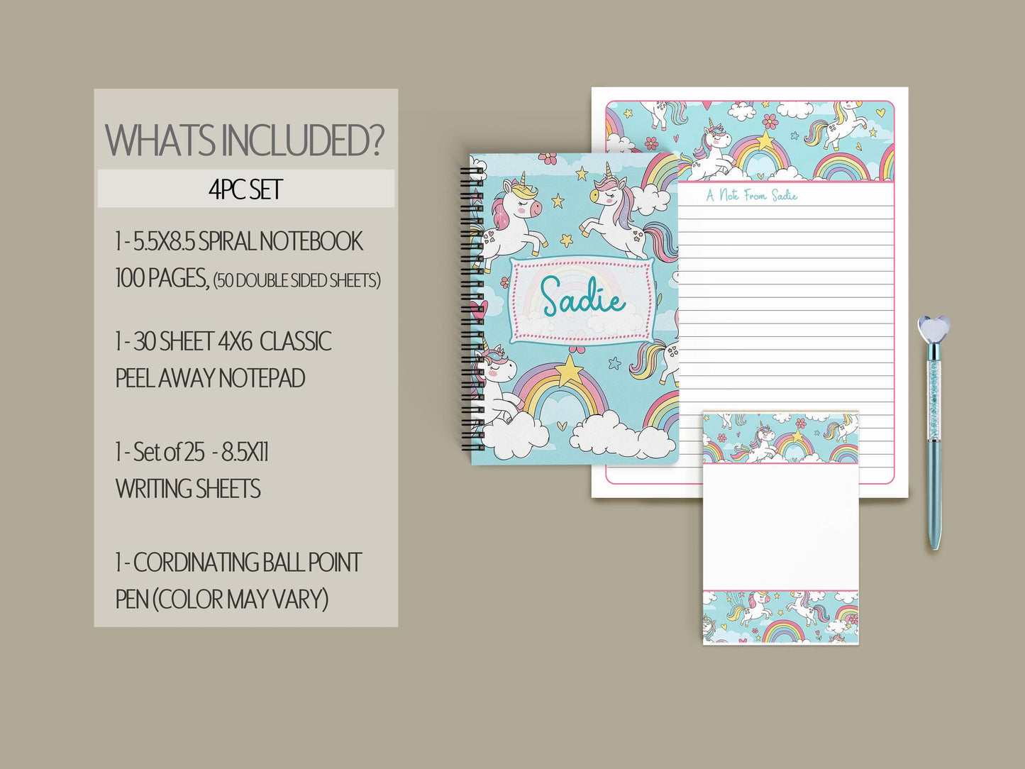 Personalized Stationery Set - Kids Letter Writing Kit with Unicorn Notebook & Notecards