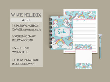 Personalized Stationery Set - Kids Letter Writing Kit with Unicorn Notebook & Notecards