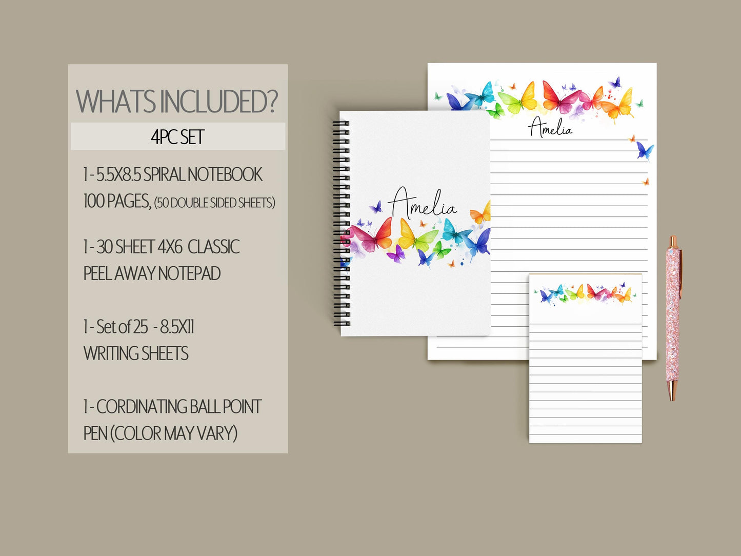 Personalized Stationery Set – Butterfly Letter Sets With Colorful Notepad & Notebook