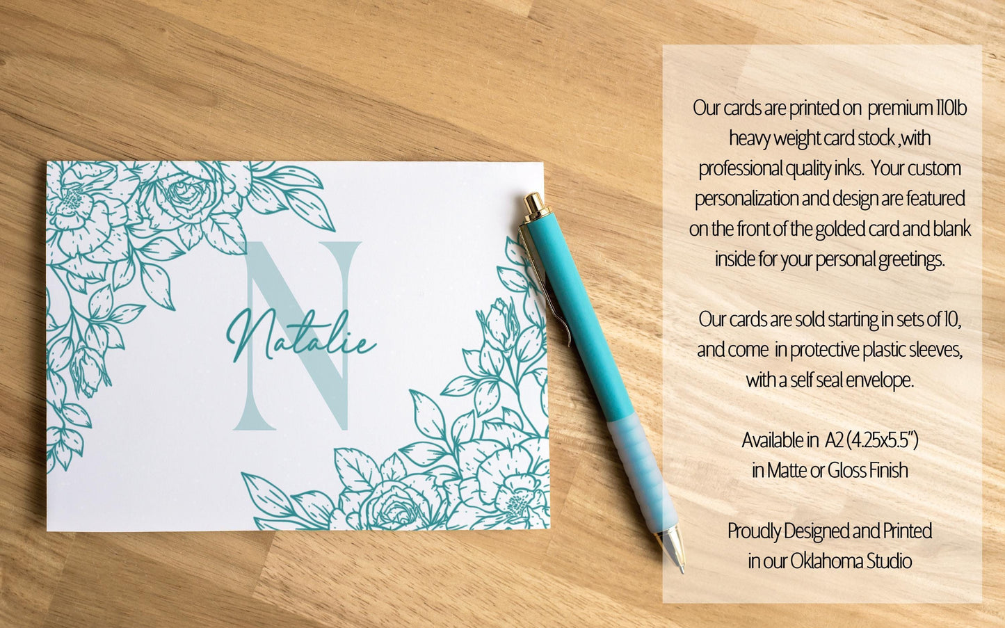 Personalized Monogram Note Cards – Custom Floral Notecards with Envelopes & Folded Thank You Cards