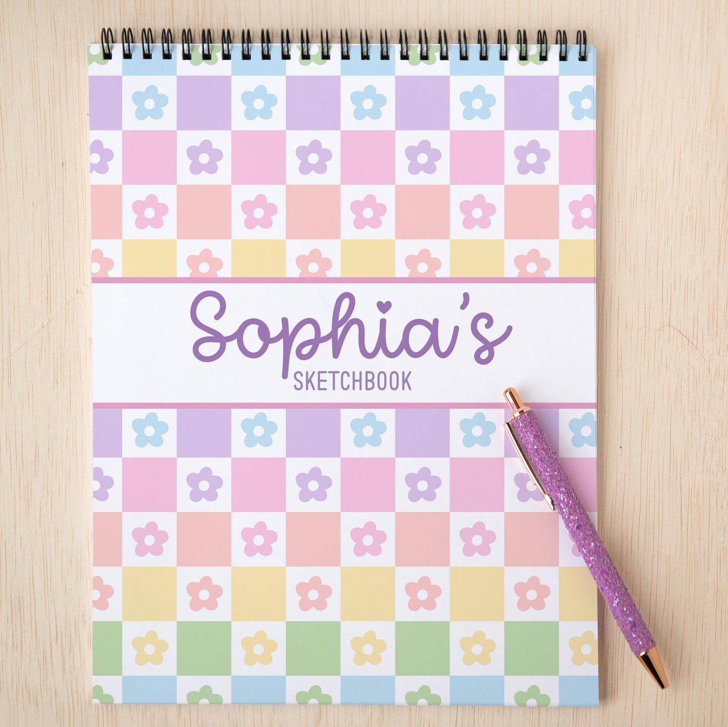 Girls Personalized Sketchbook - Custom Kids Drawing Pad With Rainbow Checkers Cover