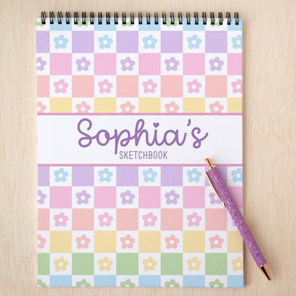 Girls Personalized Sketchbook - Custom Kids Drawing Pad With Rainbow Checkers Cover