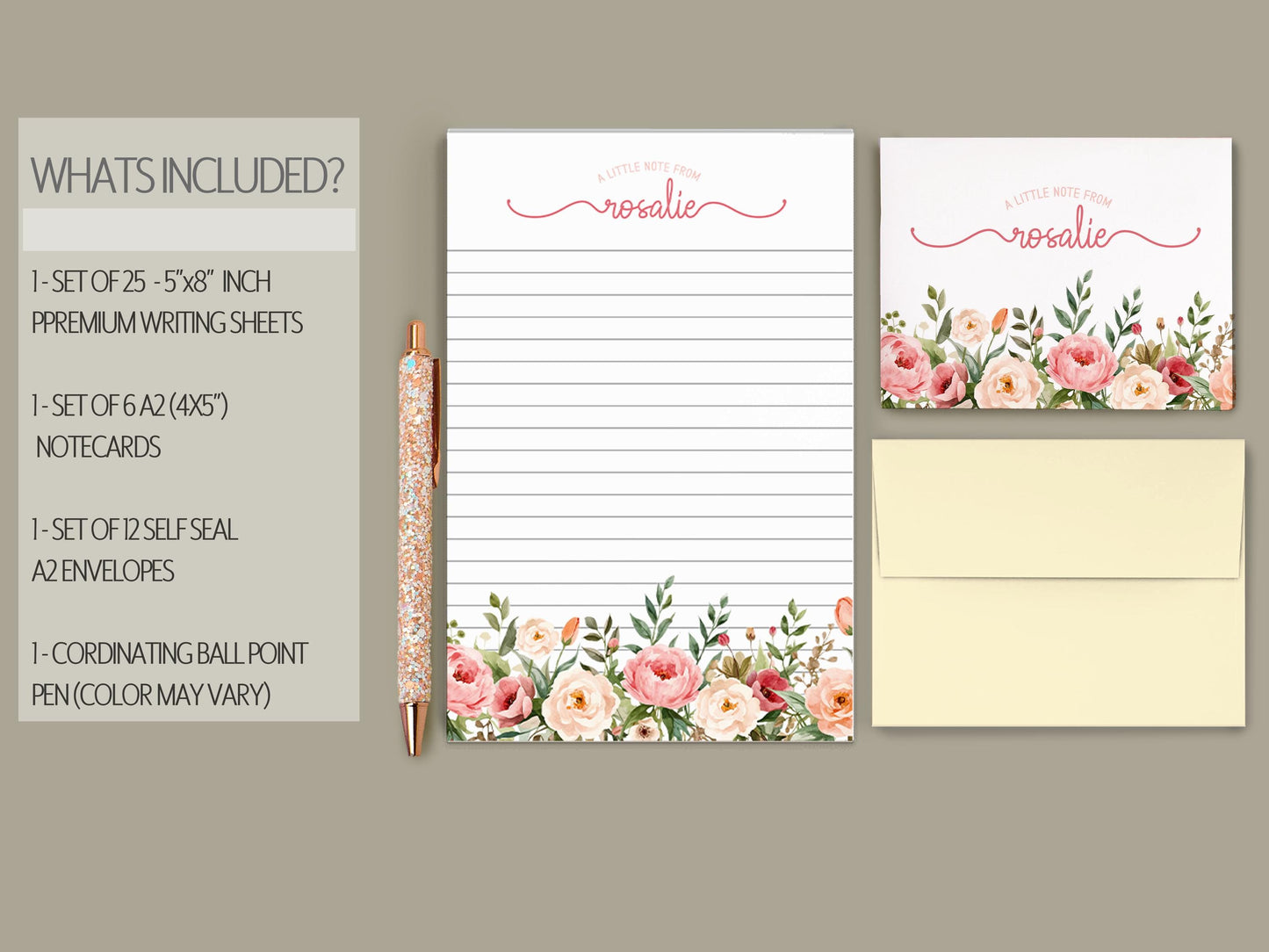 Personalized Stationery Set - Pink Rose Floral Writing Paper & Envelopes Gift