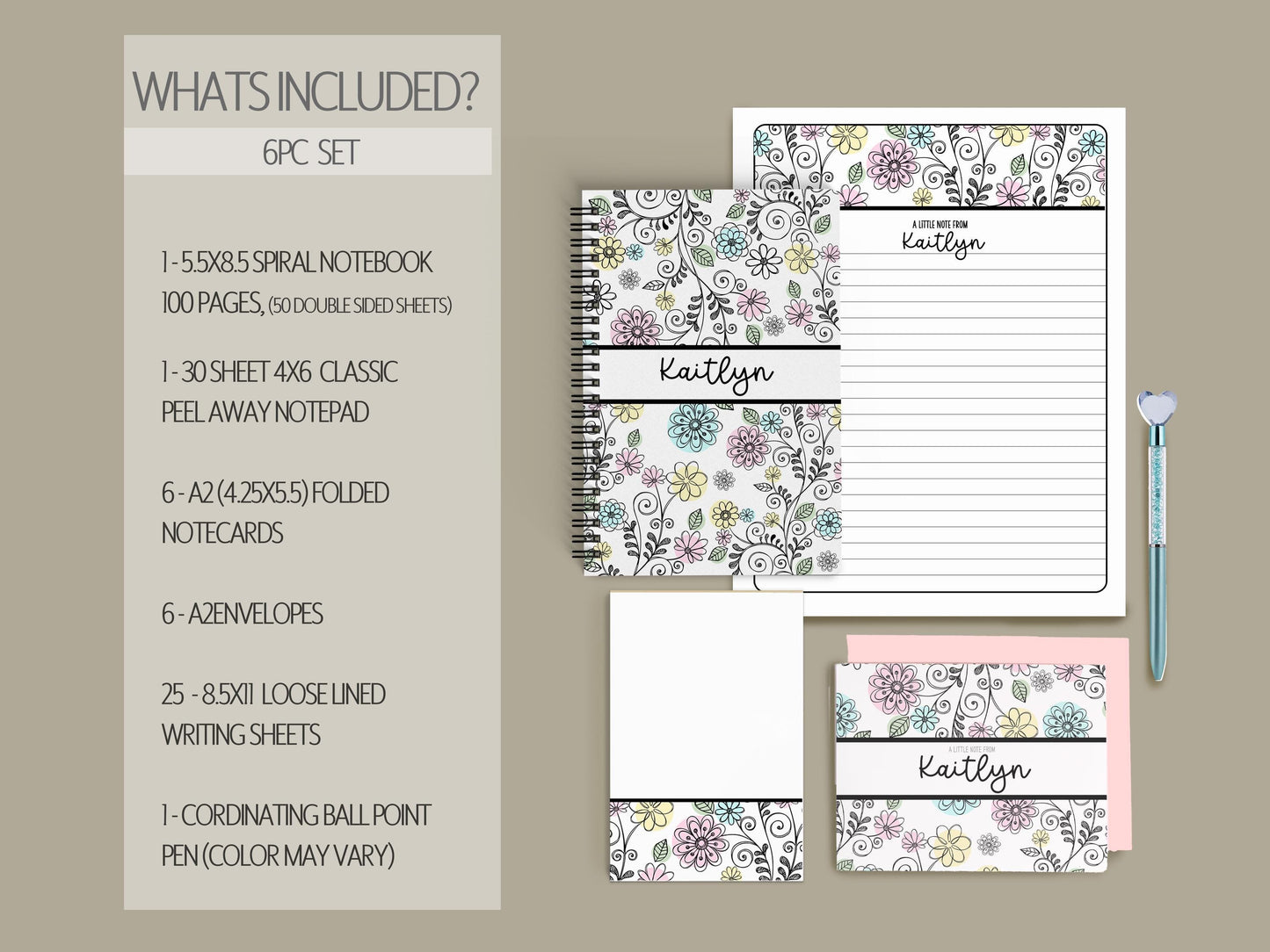 Personalized Stationery Set - Kids Letter Writing Kit with Notebook & Heart Pen