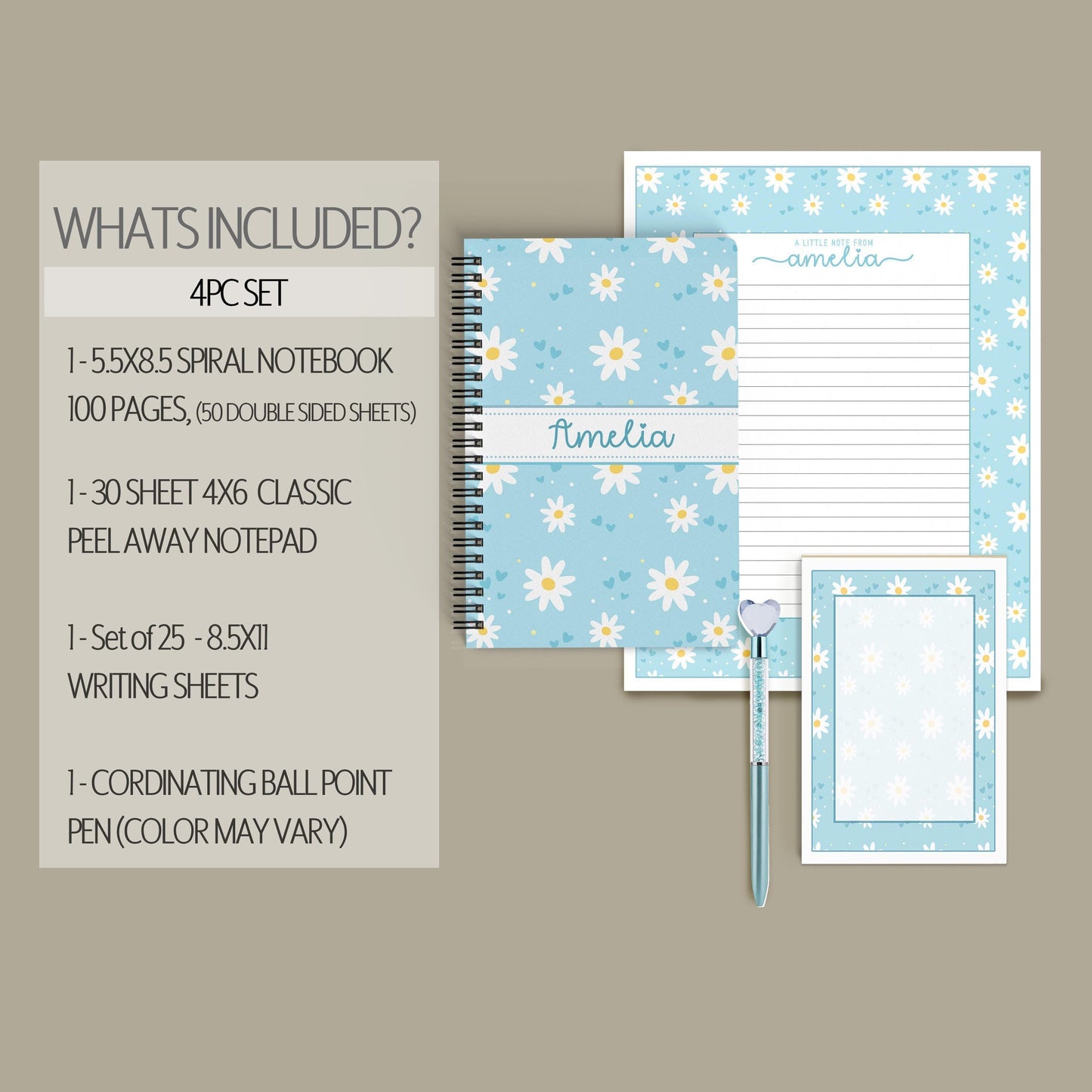 Personalized Stationery Set – Kids Writing Set With Blue Daisy Notebook & Notecard Envelopes