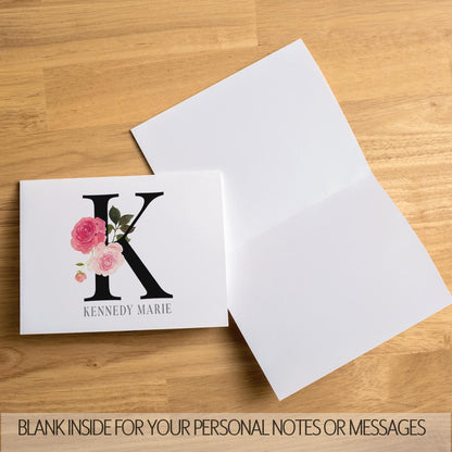 Personalized Monogram Note Cards - Custom Rose Notecards with Envelopes | Folded Thank You Cards Gift Set