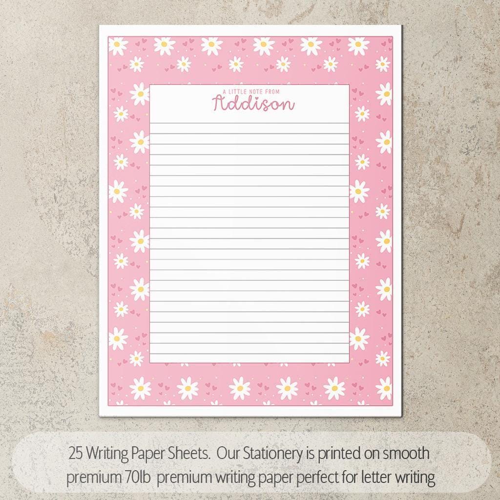 Personalized Stationery Set - Kids Letter Writing Kit with Pink Daisy Notebook & Envelopes