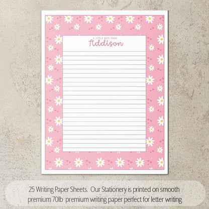 Personalized Stationery Set - Kids Letter Writing Kit with Pink Daisy Notebook & Envelopes