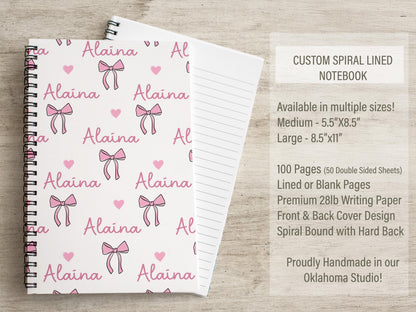 Girls Custom Notebook - Personalized Journal With Pink Coquette Bows, Spiral Bound