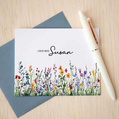 Personalized Note Cards - Wildflower Note Cards Set with Custom Name & Matching Envelope Colors