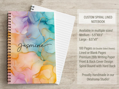 Custom Spiral Notebook - Rainbow Journal With Marble Cover, Personalized Name, Teacher Gift