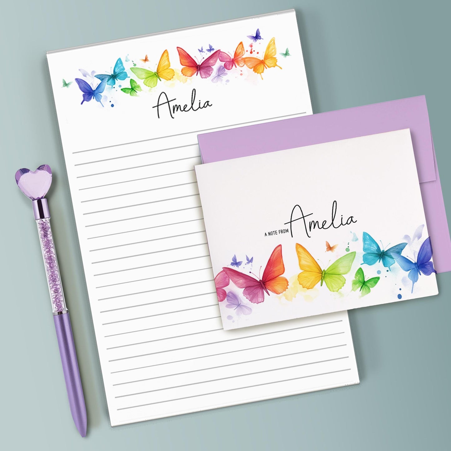 Personalized Stationery Set - Rainbow Butterfly Letter Writing Sets with Premium Paper & Self-Seal Envelopes