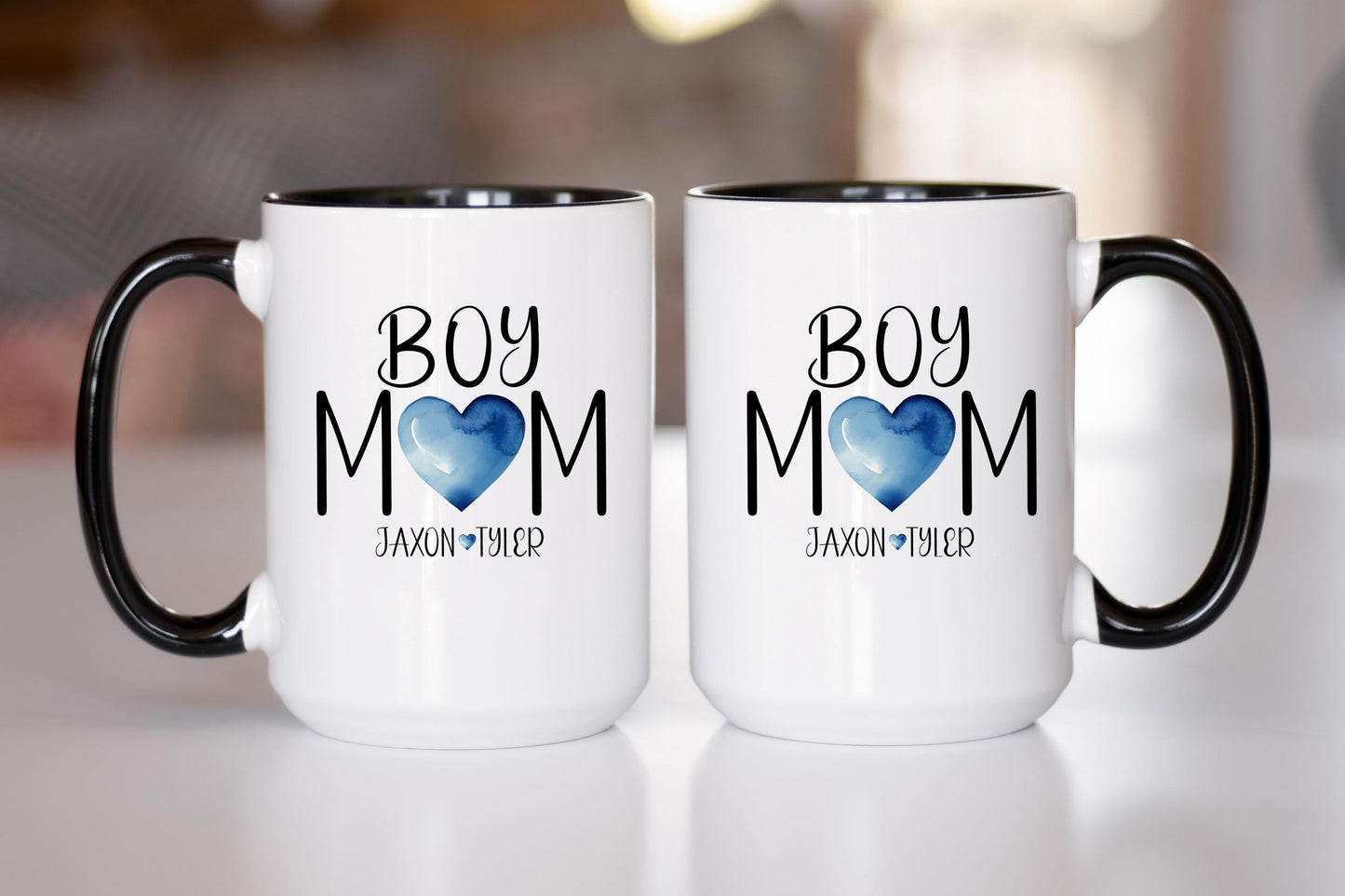 Personalized Boy Mom Mug - Custom Name Mug With Blue Heart | Dishwasher Safe Ceramic Coffee Cup