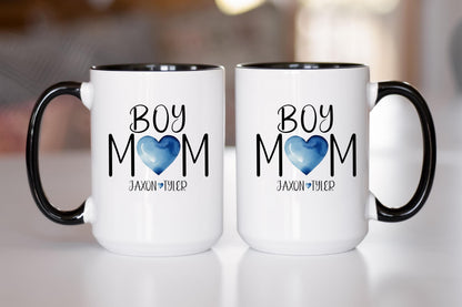 Personalized Boy Mom Mug - Custom Name Mug With Blue Heart | Dishwasher Safe Ceramic Coffee Cup