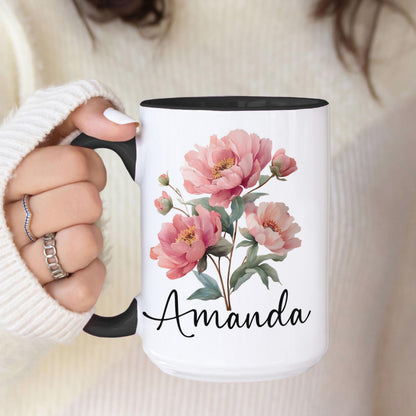 Custom Birth Flower Mug - Personalized Monogram Name Coffee Cup | Ceramic, Microwave Safe