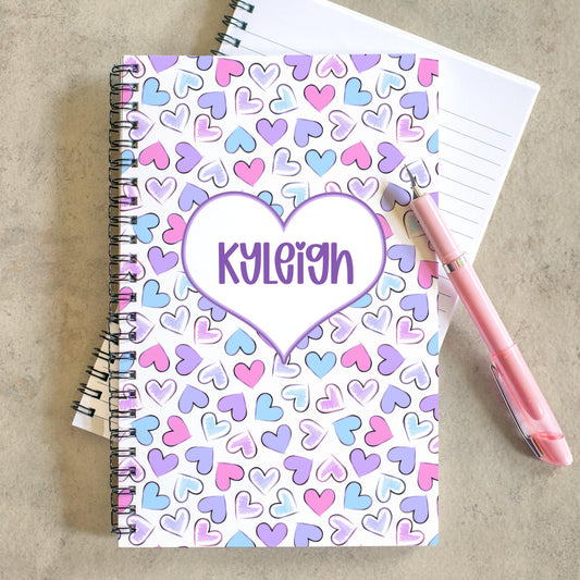 Personalized Girls Notebook - Spiral Bound Journal with Purple Pink Heart Design
