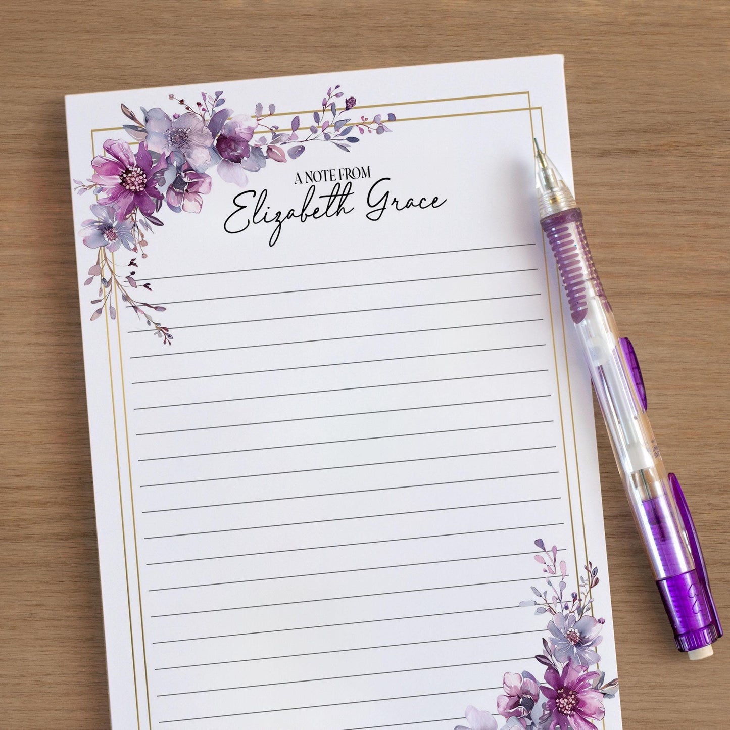 Personalized Notepad – Custom Floral Notepad With Purple Floral Design & Hard Cardboard Backing